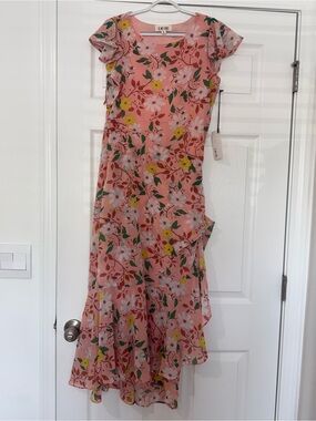 Nwt Womens Floral Pink Ruffled Maxi Dress